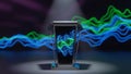 Futuristic Podium Displaying Glowing Waveform Data Against Abstract Background With Light Spotlight Royalty Free Stock Photo