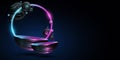 Futuristic podium with glowing dynamic 3d spheres textured with striped pattern. Glowing sparkling neon arc with magical dust.