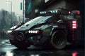 Futuristic police car on the street. 3d rendering.