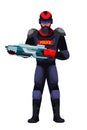 Futuristic police guard man with innovative weapon. Military male character holding blaster. Vector illustration.