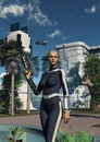 Futuristic Police officer with gun in the city, 3d rendering