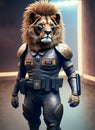futuristic police officer with lion head, in a soldier uniform, inside a military base