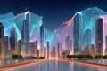 Futuristic polygonal cityscape with glowing buildings and advanced digital elements Royalty Free Stock Photo