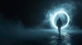 Futuristic portal in dark space, glowing round door and person, man standing on smoke background. Concept of travel, people, light Royalty Free Stock Photo