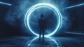 Futuristic portal in dark space, glowing round door and person, man standing on smoke background. Concept of travel, sci-fi, Royalty Free Stock Photo