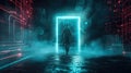 Futuristic portal like glowing door and man, strange traveler in dark tech space. Person walks at surreal corridor at night. Royalty Free Stock Photo