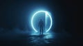 Futuristic portal at night, glowing round door and person, man standing on dark background. Theme of travel, sci-fi, people, light Royalty Free Stock Photo