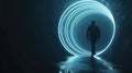 Futuristic portal at night, person in spacesuit comes out of glowing round door, man standing on dark background. Theme of travel Royalty Free Stock Photo