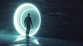 Futuristic portal in stone wall, glowing round door and person, man standing on dark background. Concept of travel, sci-fi, people Royalty Free Stock Photo