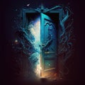 futuristic portal to another world. Cartoon portals, magic fantasy game teleport. Blue glowing door with dry branches