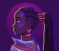 Futuristic portrait of a black woman. Vivid neon lighting colors. Afrofuturism