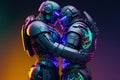 Futuristic portrait of robots in love. An artistic abstract cyberpunk fantasy. The concept of a modern robot. Generative AI