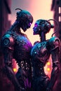 Futuristic portrait of robots in love. An artistic abstract cyberpunk fantasy. The concept of a modern robot. Generative AI