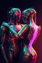 Futuristic portrait of robots in love. An artistic abstract cyberpunk fantasy. The concept of a modern robot. Generative AI