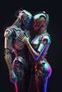 Futuristic portrait of robots in love. An artistic abstract cyberpunk fantasy. The concept of a modern robot. Generative AI