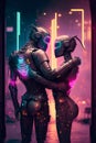 Futuristic portrait of robots in love. An artistic abstract cyberpunk fantasy. The concept of a modern robot. Generative AI