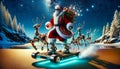 Santa on a hoverboard with robotic reindeer amidst snowy mountains and stars.Generative AI