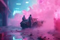 Futuristic post-apocalypse action scene with hero in sci-fi style. Vaporwave surreal shot with pink and blue smoke