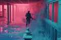 Futuristic post-apocalypse action scene with hero in sci-fi style. Vaporwave surreal shot with pink and blue smoke