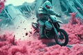 Futuristic post-apocalypse action scene with hero in sci-fi style. Vaporwave surreal shot with pink and blue smoke