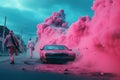 Futuristic post-apocalypse action scene with hero in sci-fi style. Vaporwave surreal shot with pink and blue smoke