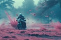 Futuristic post-apocalypse action scene with hero in sci-fi style. Vaporwave surreal shot with pink and blue smoke