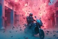 Futuristic post-apocalypse action scene with hero in sci-fi style. Vaporwave surreal shot with pink and blue smoke