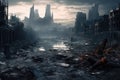 post apocalyptic ruined city with dark destroyed buildings and roads