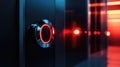 Futuristic power button glowing red in server rack Royalty Free Stock Photo