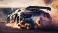 Futuristic powerful sports car with smoke on the road. Royalty Free Stock Photo