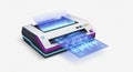 Futuristic Printer with Glowing Blue Neon Lights Printing a Digital Data Interface on a Clean White Background Royalty Free Stock Photo