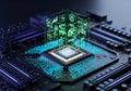 Futuristic Processor with a Holographic Green Data Dashboard Interface and Glowing Blue Circuits Royalty Free Stock Photo