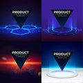 Futuristic product stands set. Podium template for pc gaming accessories. Abstract hi-tech backgrounds for display