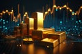 Futuristic profit metaphor chart depicts gold market growth towards goals