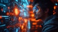 Futuristic programmer analyzes data on a large screen in a dark room