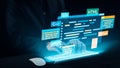 Futuristic Programmer Manipulating Digital Data Interfaces and Code Representations in a Dark Environment with Brightly Royalty Free Stock Photo