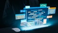 Futuristic Programmer Writing Code in Various Programming Languages with Holographic Interface and Keyboard Displaying Royalty Free Stock Photo