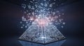 Futuristic pyramid with circuit board design and floating data icons in a dark space Royalty Free Stock Photo