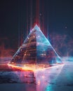 Futuristic pyramid with circuit board texture and ascending light streams Royalty Free Stock Photo