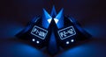 Futuristic pyramid structure with glowing digital displays showing time code P2-42 on dark blue background in abstract technology Royalty Free Stock Photo