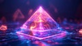 Futuristic Pyramid Structure with Neon Lights and Geometric Patterns on Digital Surface