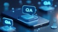 Futuristic QA icon glowing above smartphone, digital chat symbol, mobile app testing, technology support concept, blue neon light Royalty Free Stock Photo