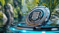 Futuristic QR Code Device Surrounded by Lush Greenery in Nature Setting