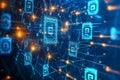 A futuristic quantum AI-powered interface, displaying glowing cybernetic encryption nodes, pulsating Royalty Free Stock Photo