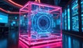 Futuristic quantum computer in glass cube glowing with neon pink and blue lights. Advanced tech system with intricate circuits Royalty Free Stock Photo