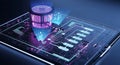 Futuristic quantum computer processor with flowing data visualization on a tablet Royalty Free Stock Photo