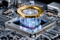 Quantum processor core with advanced technology and shimmering lights on circuit board Royalty Free Stock Photo