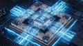 Futuristic Quantum Processor with Glowing Blue Circuits Royalty Free Stock Photo