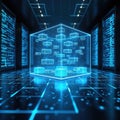 Futuristic quantum server room with glowing cubes inside large transparent box. Digital data streams on tall racks. Abstract tech Royalty Free Stock Photo