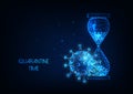 Futuristic quarantine time during coronavirus pandemic concept with glow low poly hourglass and virus